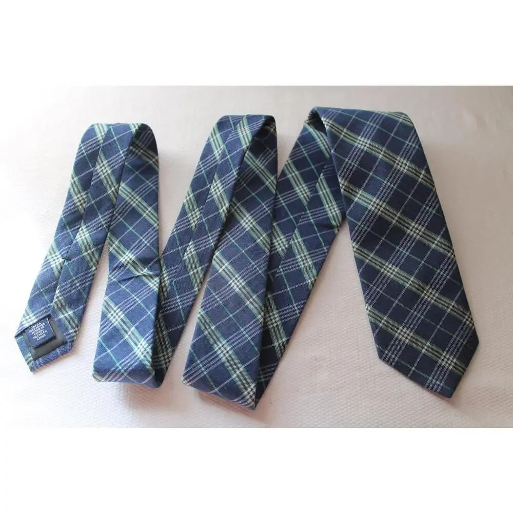 Vintage STAFFORD Cotton Silk Blend Necktie, Navy, White, Green Plaid, 3 X 57
